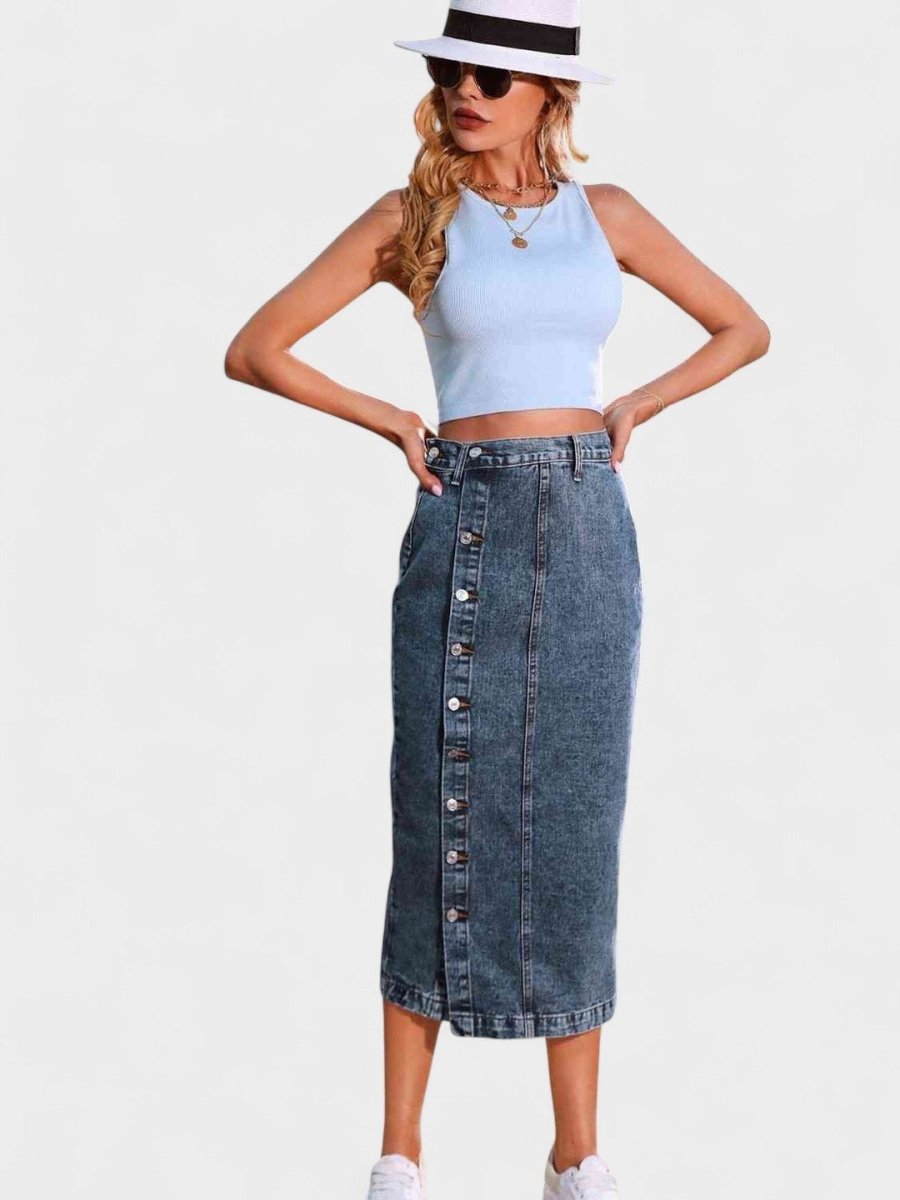 Elodie | Button-Front Cotton Blend Skirt